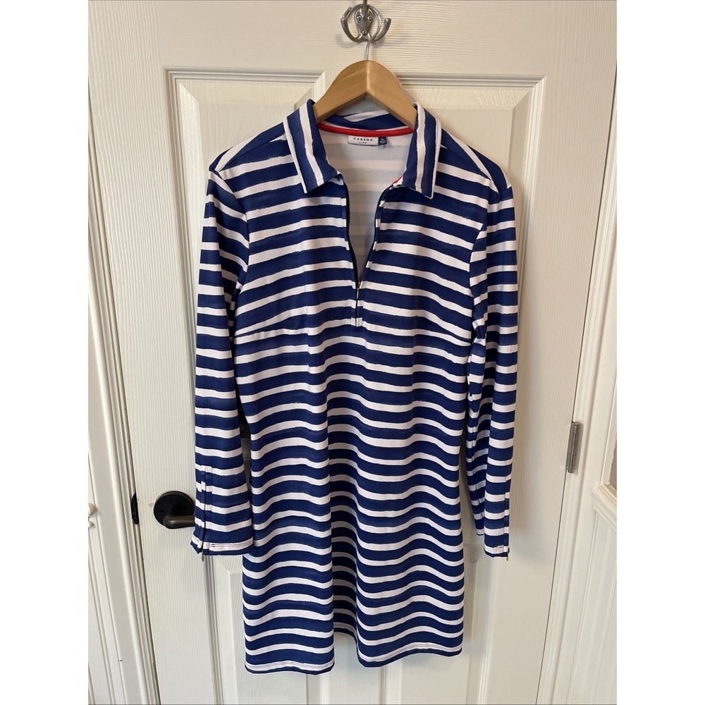 Cabana Life Women XL Beach Swim Cover Up UPF 50+ Blue Stripe 1/4 Zip Dress
